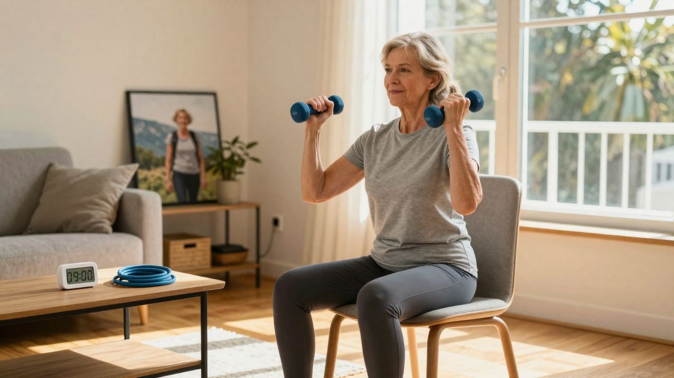 Mulher idosa fazendo exercícios com halteres sentada em uma cadeira em sala iluminada.