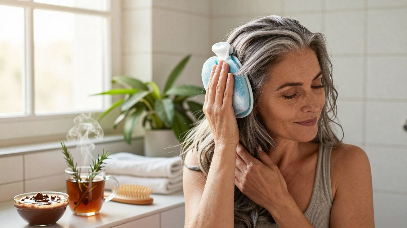 Mulher com cabelo grisalho usando bolsa de água quente na cabeça em ambiente claro e acolhedor.