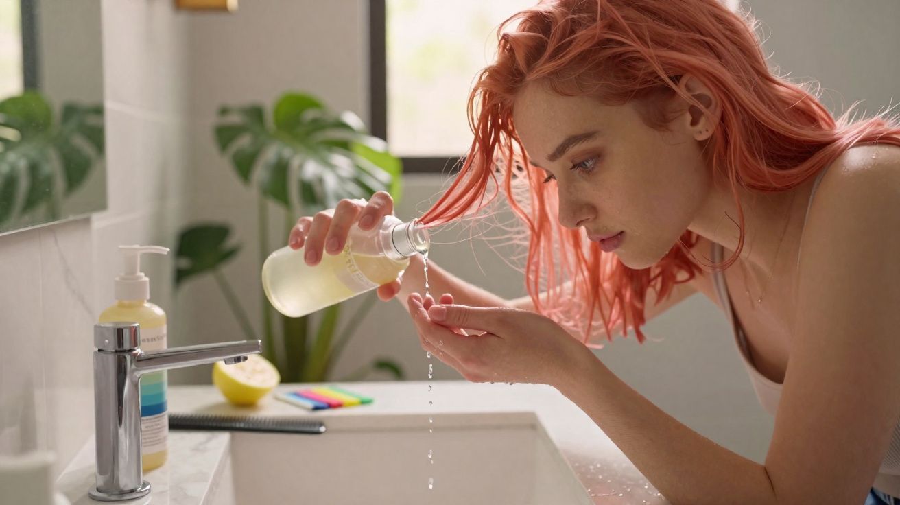 Mulher com cabelo rosa aplicando produto líquido nas mãos em pia de banheiro iluminado pela janela.
