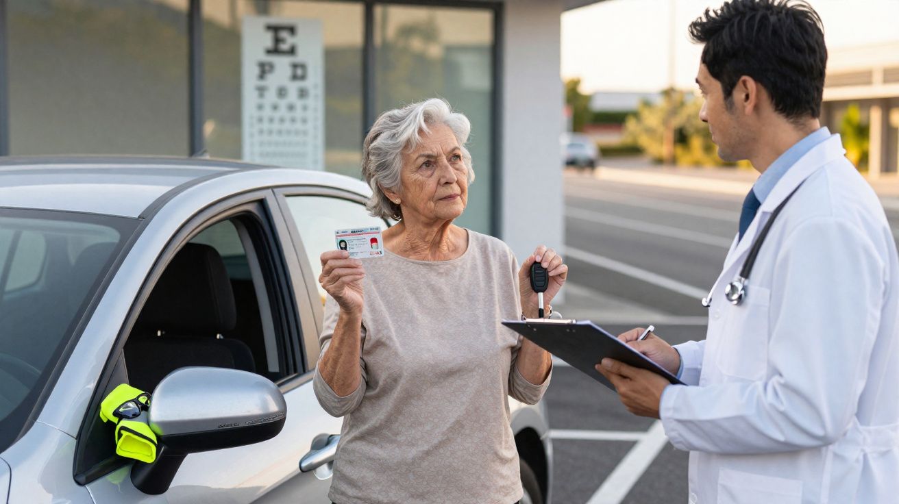 Mulher idosa mostrando documento e chave ao médico em estacionamento perto de um carro branco.