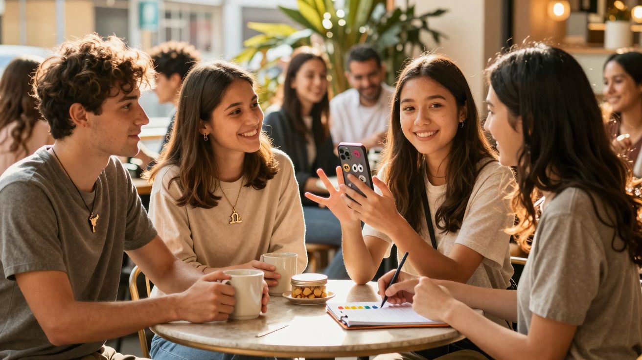 Grupo de jovens conversando e bebendo café em uma cafeteria iluminada e aconchegante.
