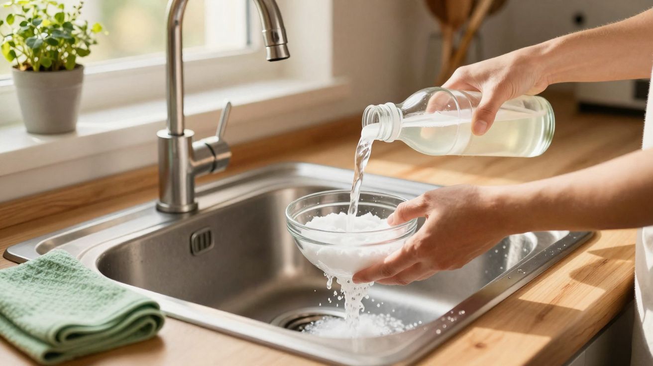 Pessoa despejando líquido em um recipiente com pedaços de gelo sobre a pia da cozinha.