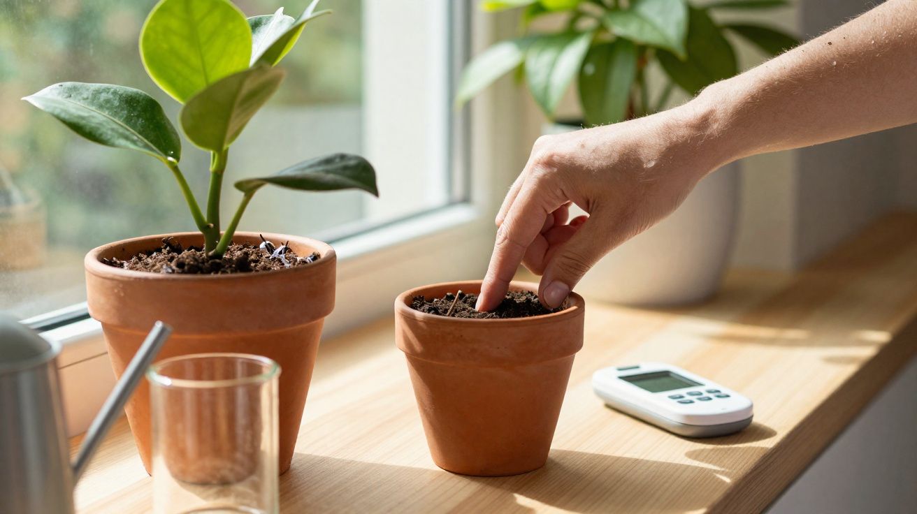 Mão plantando semente em vaso de barro próximo a planta maior sobre peitoril de janela iluminada.