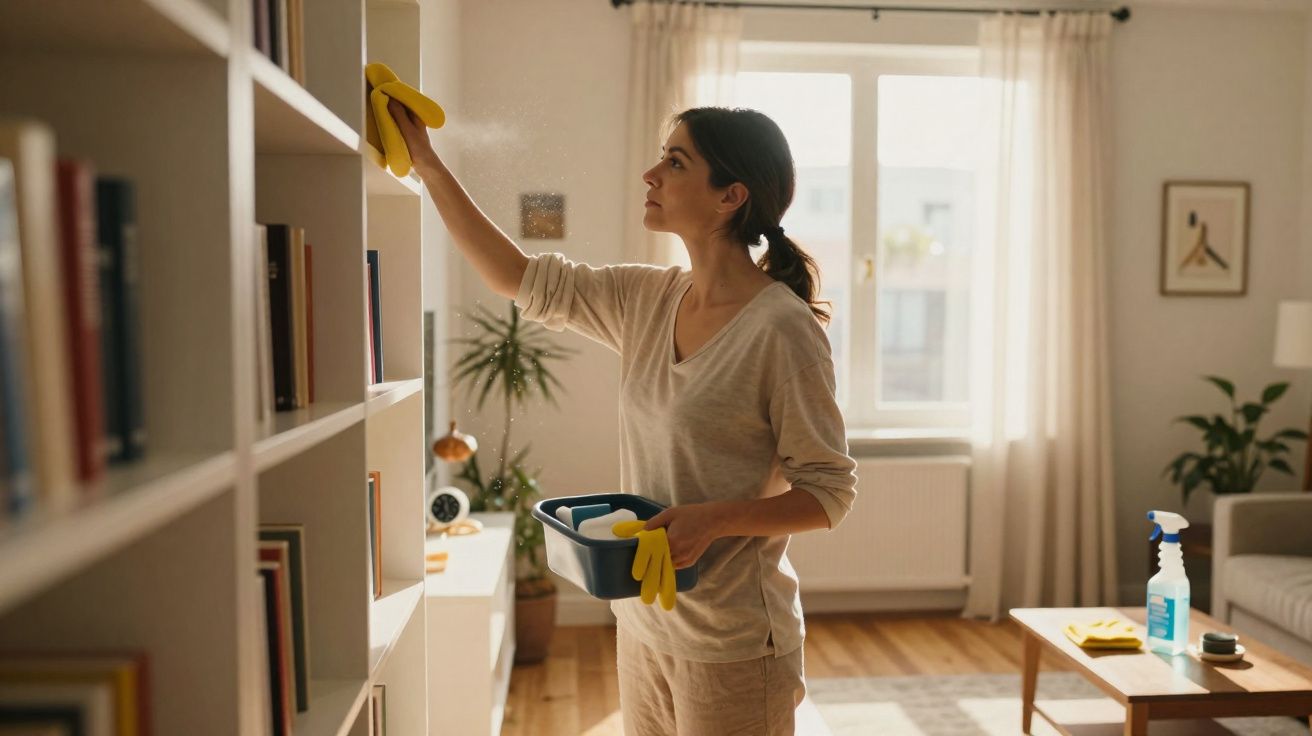 Mulher limpando prateleira de estante em sala iluminada, usando luvas amarelas e segurando materiais de limpeza.