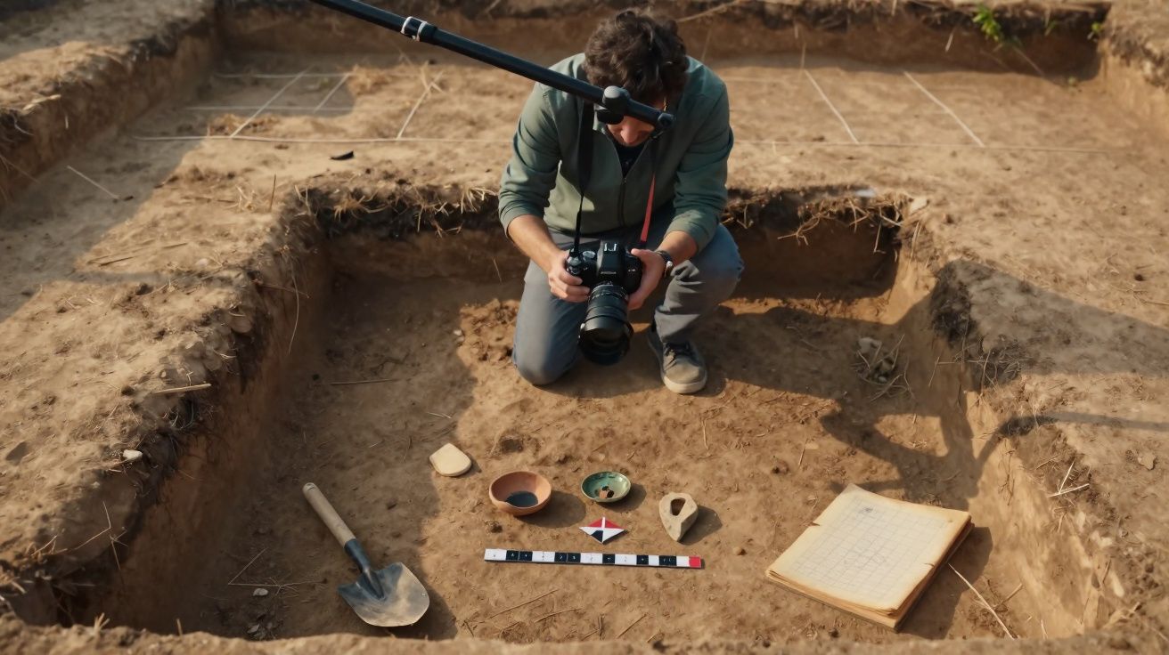 Arqueólogo fotografa artefatos durante escavação em área delimitada no solo.