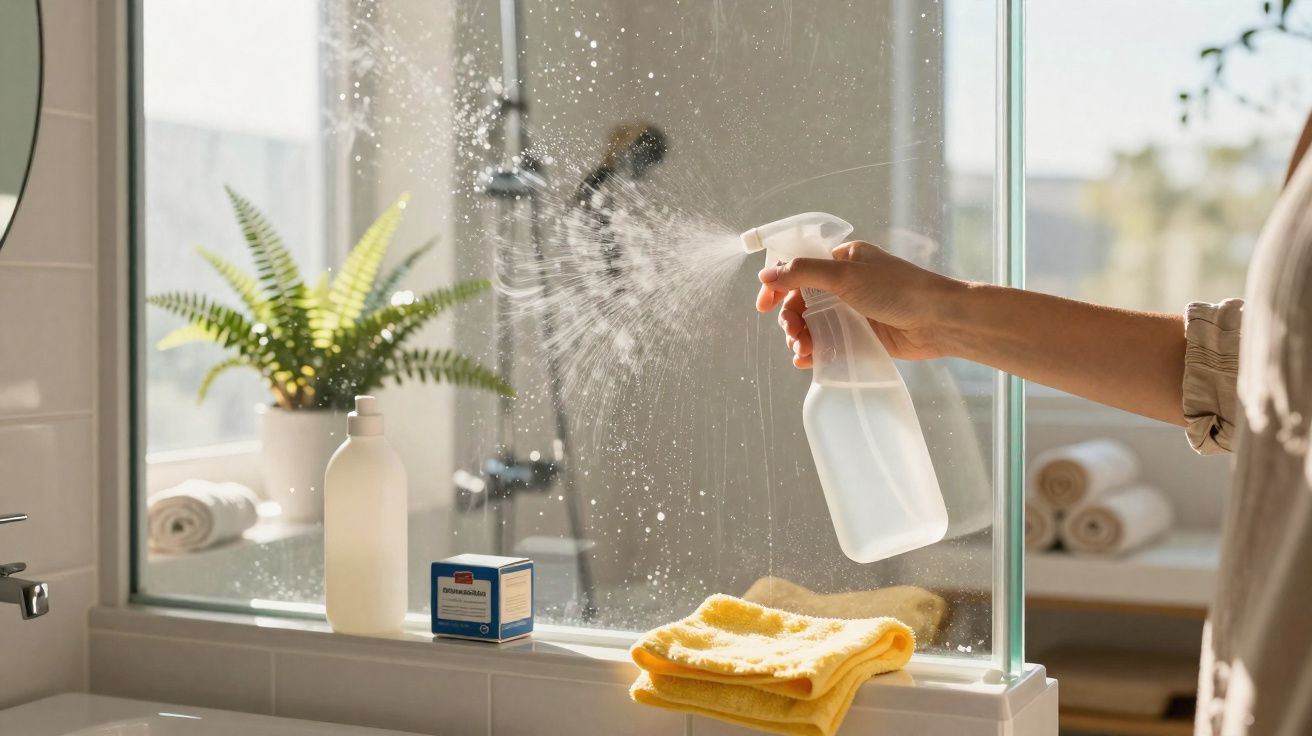 Pessoa limpando vidro com borrifador e pano amarelo em banheiro com planta ao fundo.