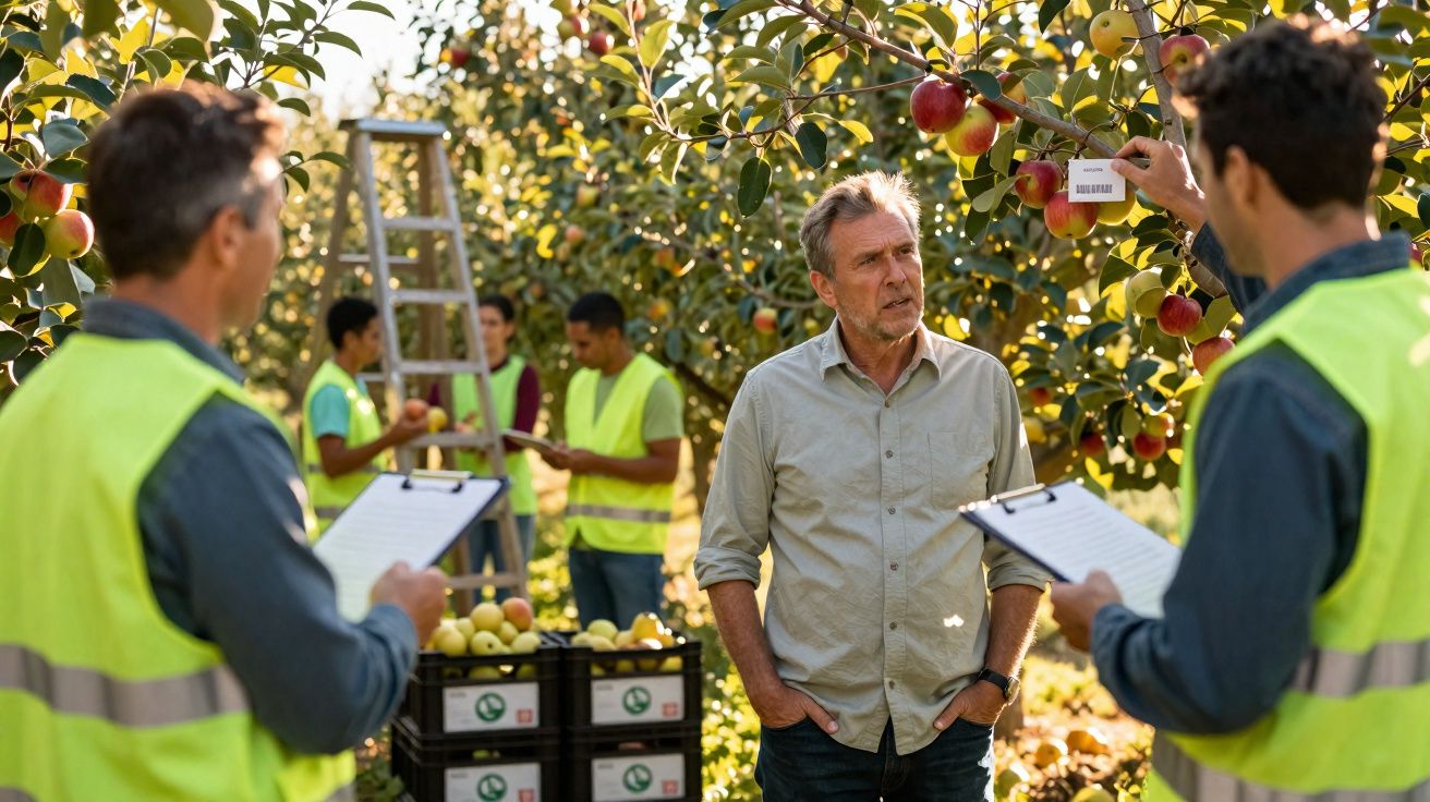 Homens analisando maçãs em pomar, com caixas de frutas e pranchetas, durante colheita.