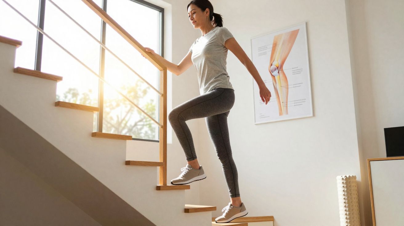 Mulher fazendo exercício subindo escada segurando o corrimão em ambiente iluminado.