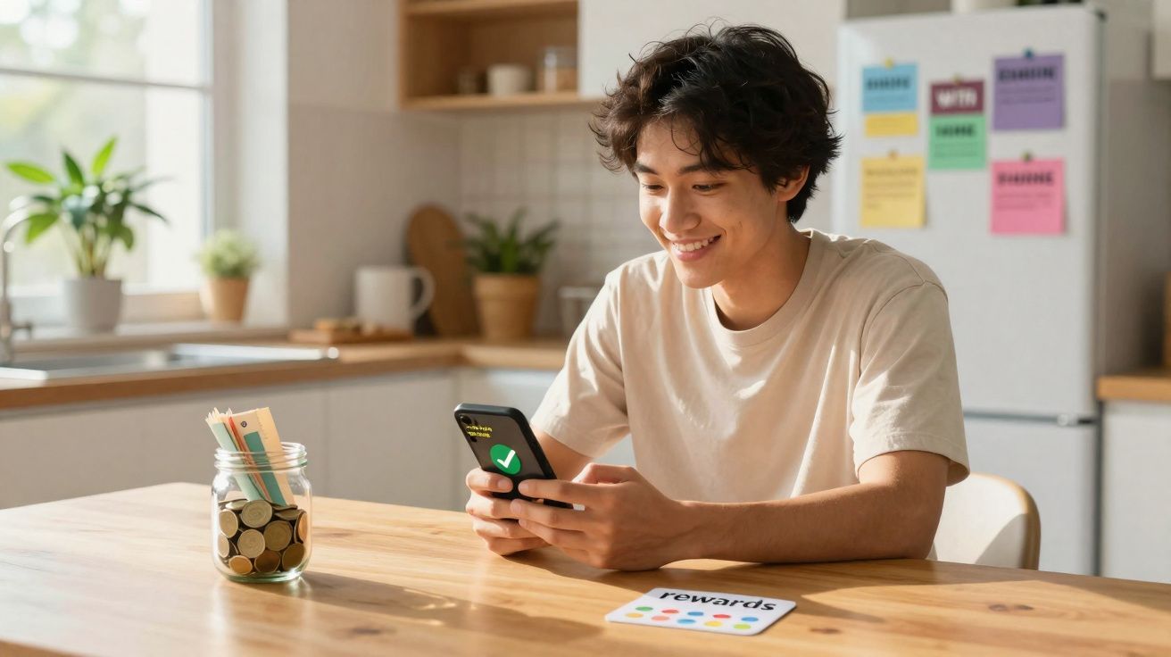 Jovem sorridente sentado à mesa usando celular, com pote de moedas e cartão de recompensas.