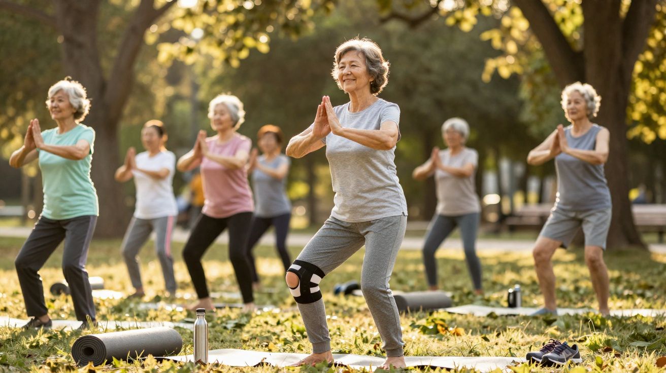 Grupo de idosas praticando yoga ao ar livre em parque ensolarado, com roupas confortáveis e tapetes no chão.