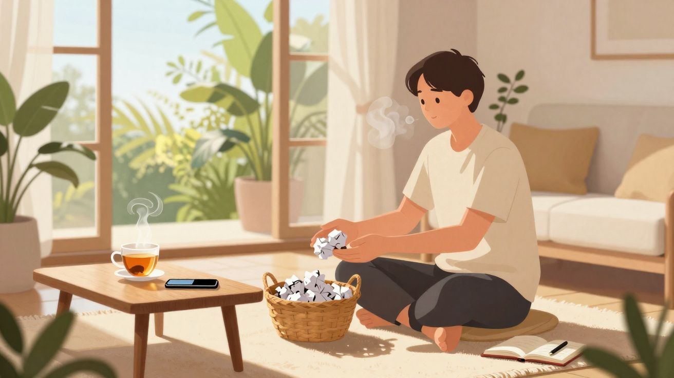 Pessoa sentada no chão, amassando papéis em uma cesta, com xícara de chá e celular sobre a mesa.