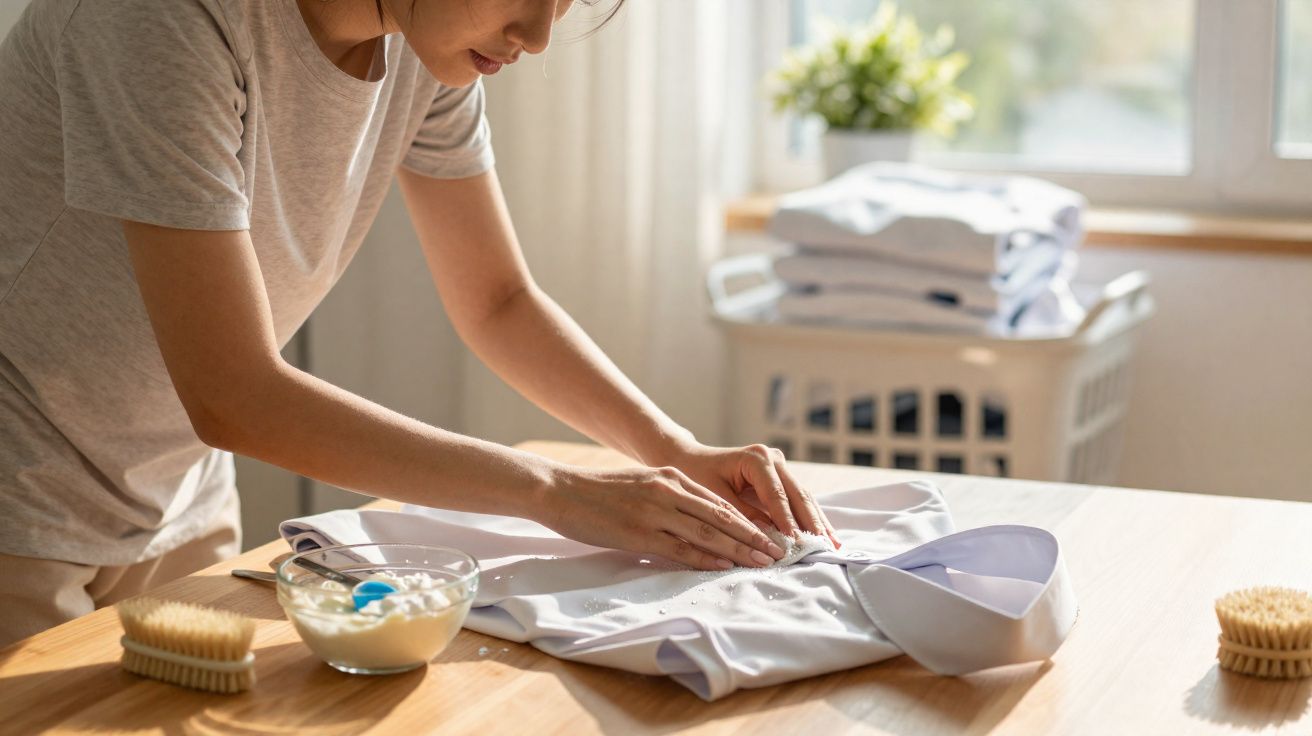 Pessoa removendo manchas de camisa branca sobre mesa com escova e recipiente com produto de limpeza.