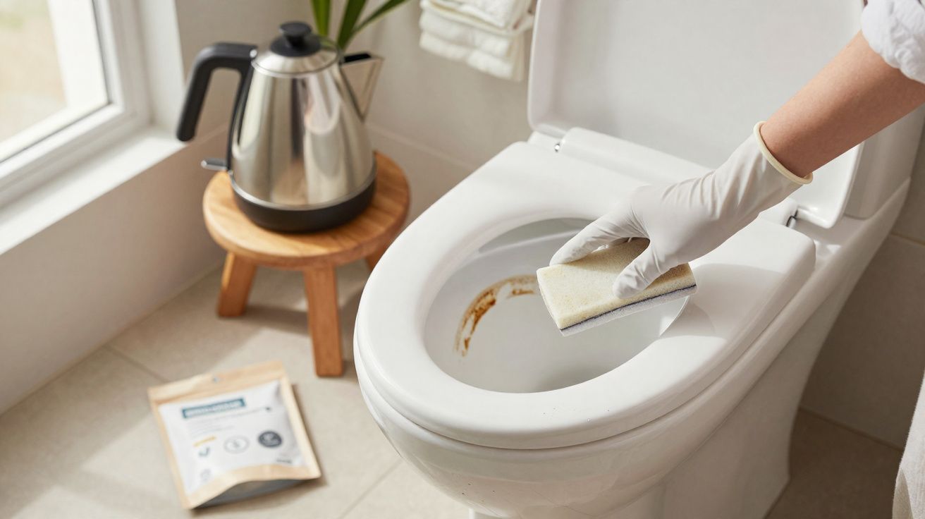 Pessoa usando luva branca limpando vaso sanitário com esponja e detergente em banheiro claro.