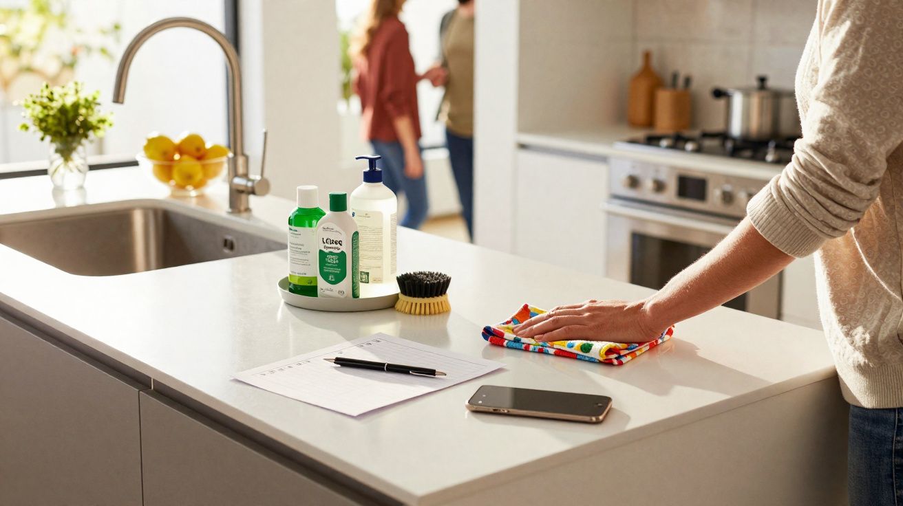Pessoa limpando a bancada da cozinha com pano colorido, smartphone, papel e frascos de produtos de limpeza.