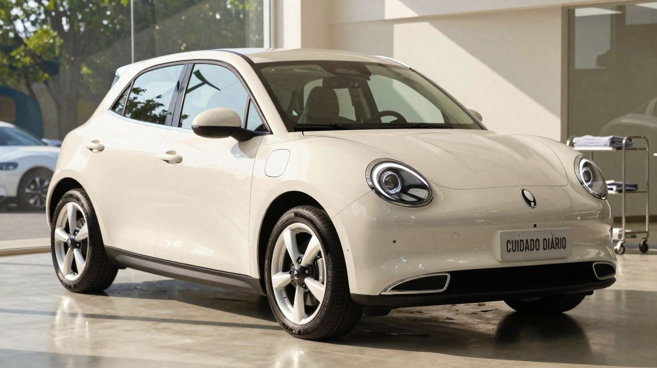 Carro elétrico compacto branco estacionado em ambiente interno com placa escrita "Cuidado Diário".