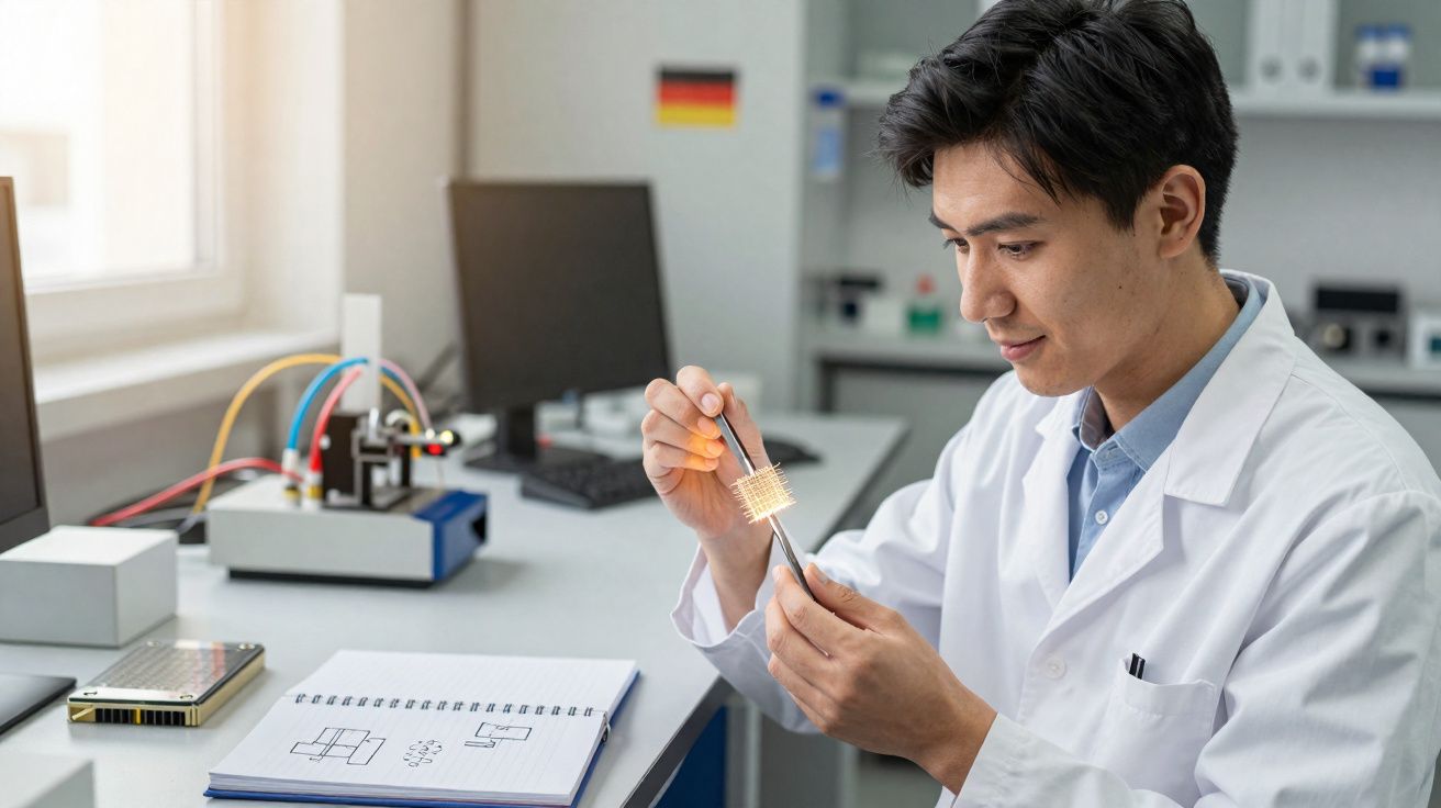Homem em jaleco branco segurando chip eletrônico iluminado em laboratório tecnológico.