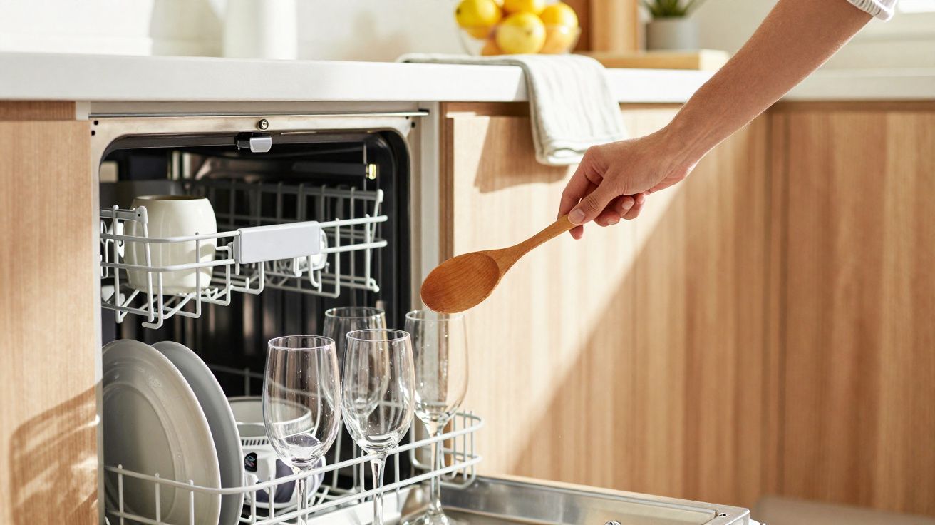 Pessoa colocando colher de pau em lava-louças aberto com pratos e taças na cozinha clara.