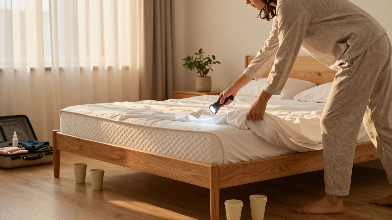 Pessoa com pijama inspecionando roupa de cama com lanterna em quarto iluminado pela luz do dia.