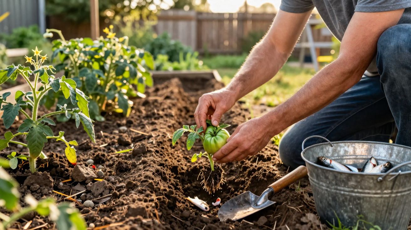Pessoa plantando muda de tomate em canteiro de terra, com recipiente metálico e mini pá ao lado.