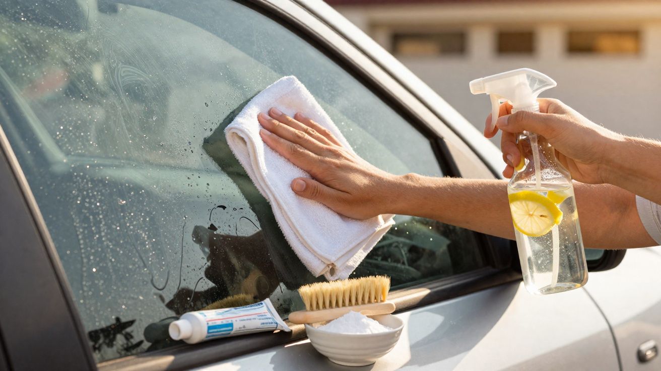 Pessoa limpando o vidro do carro com pano branco e borrifador com água e limão.