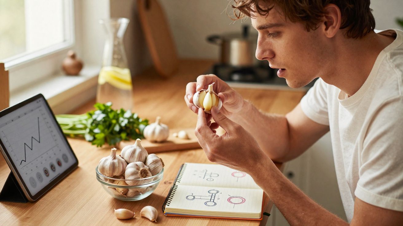 Jovem analisando dente de alho na cozinha com tablet e caderno ao lado sobre mesa de madeira.
