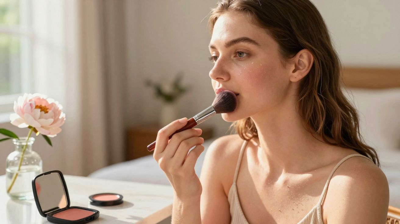 Mulher aplicando blush no rosto com pincel em ambiente iluminado, ao lado de flor em vaso.