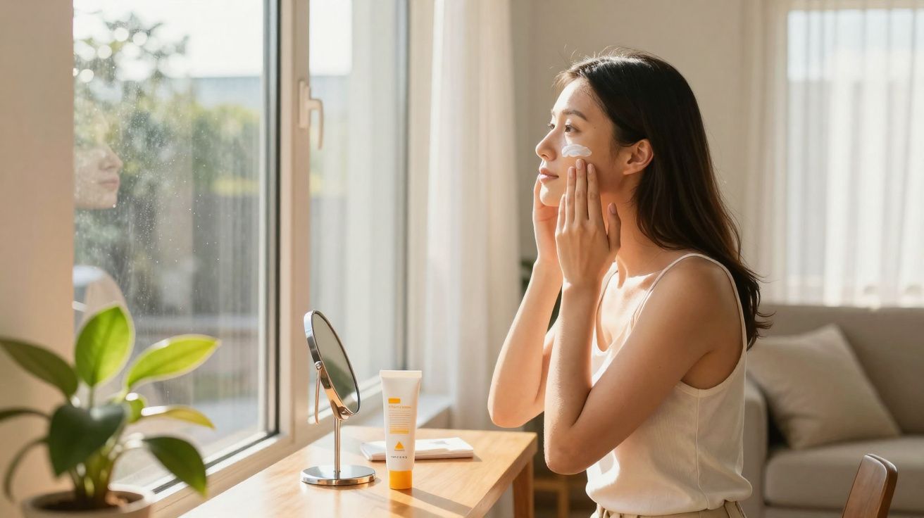 Mulher aplicando creme no rosto sentada à mesa perto da janela em ambiente iluminado e confortável.