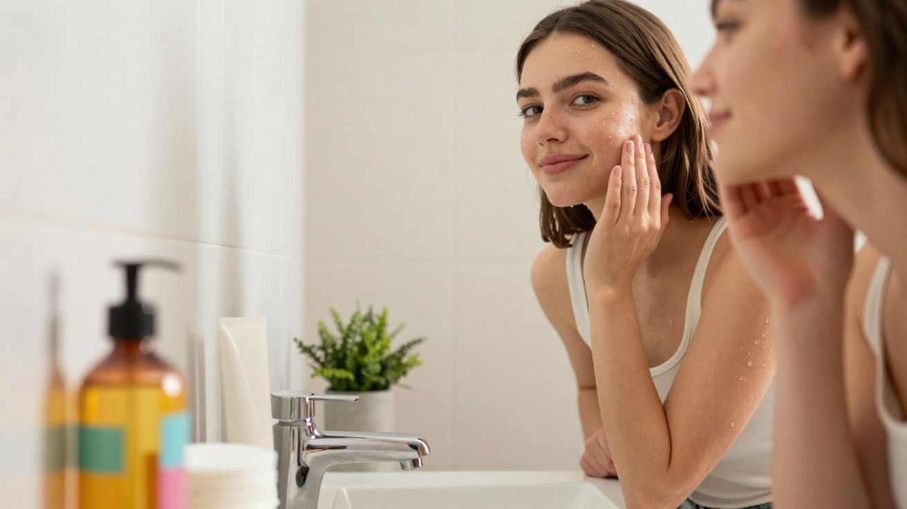 Jovem tocando o rosto com acne levemente sorrindo na frente do espelho do banheiro.