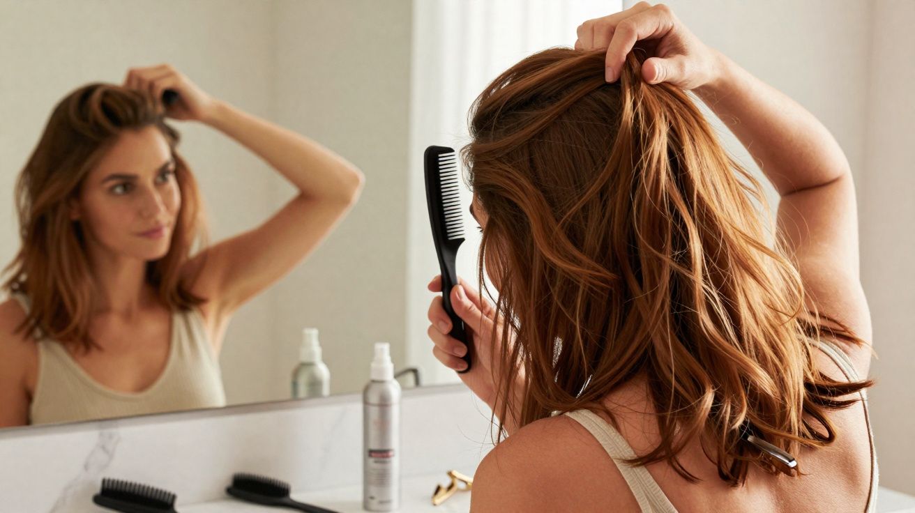Mulher ruiva penteando o cabelo com pente em frente ao espelho do banheiro.