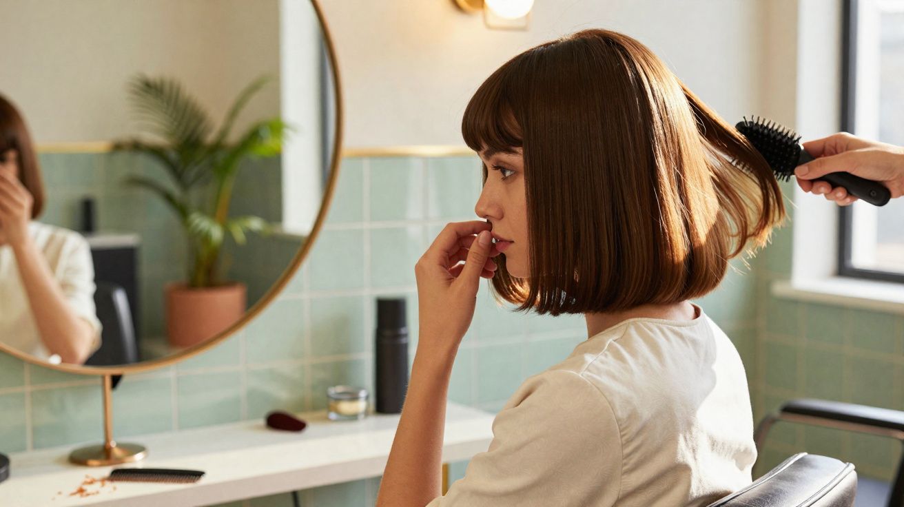Mulher de cabelos curtos castanhos é penteada em salão de beleza com espelho e plantas ao fundo.