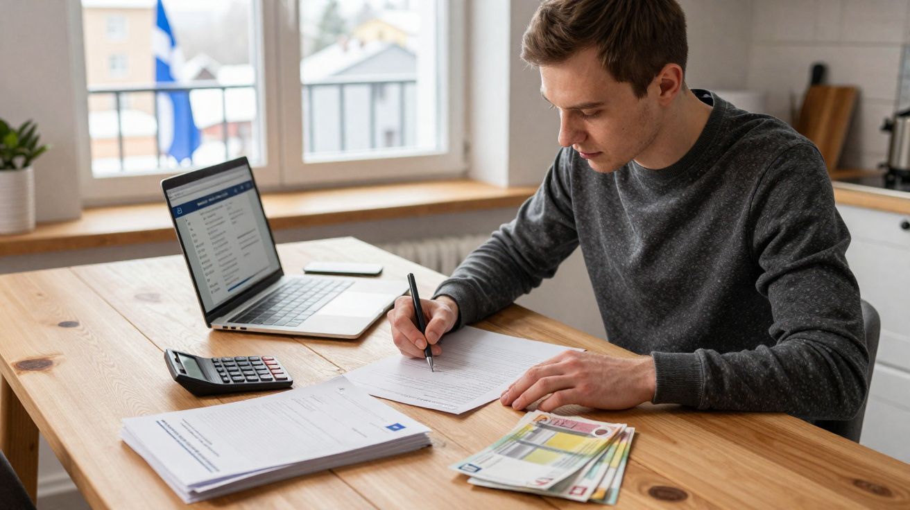 Homem jovem sentado à mesa, escrevendo em papel com laptop, calculadora e dinheiro à sua frente.