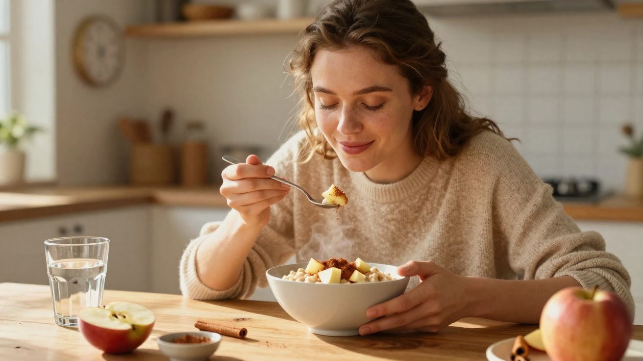 Mulher sorrindo enquanto come mingau quente em tigela na mesa com maçã, canela e copo de água.