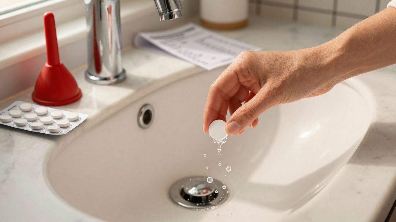 Mão segurando efervescente sobre pia, gotas caindo, ao lado desentupidor e embalagem de comprimidos.