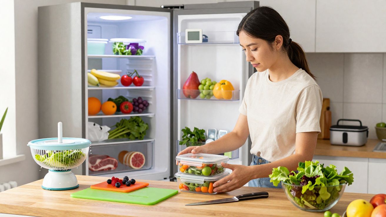 Mulher organizando potes com salada na cozinha ao lado de geladeira aberta cheia de frutas e legumes.
