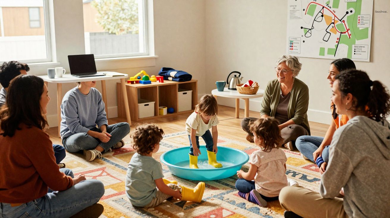 Crianças e adultos sentados em círculo brincando e interagindo em sala iluminada com tapete colorido.