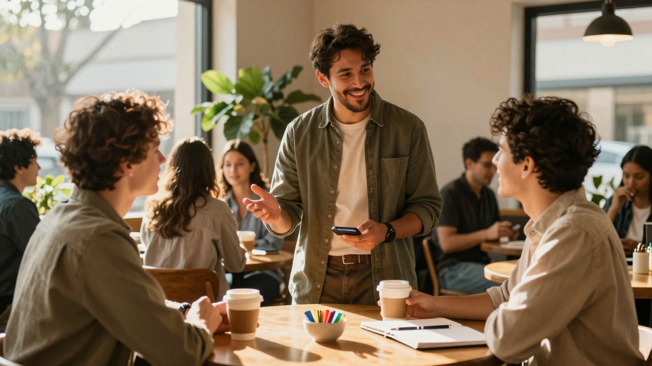 Jovens conversando animadamente em cafeteria com xícaras de café e caderno sobre a mesa.