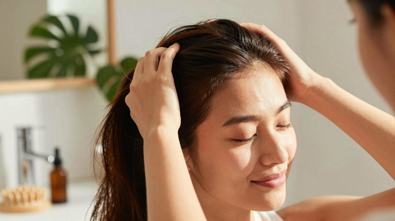Mulher sorrindo de olhos fechados enquanto lava ou massageia o cabelo em banheiro iluminado.