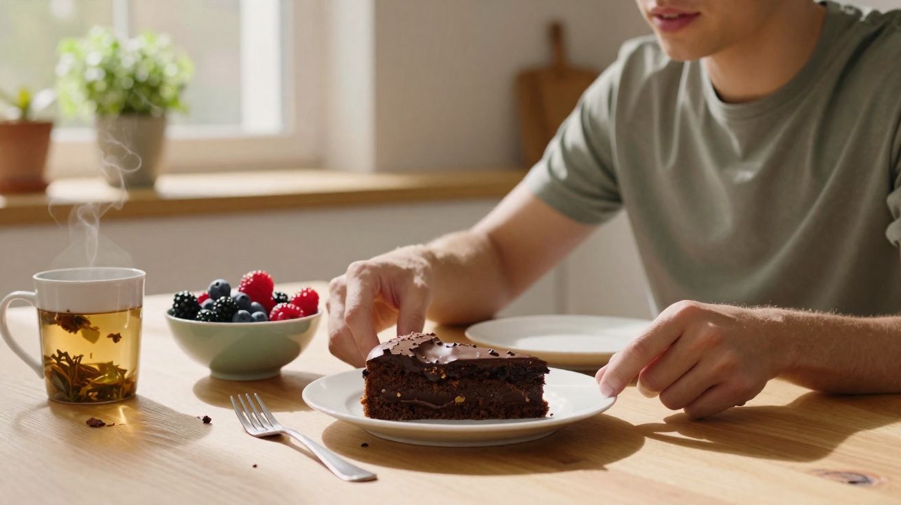 Pessoa segurando prato com fatia de bolo de chocolate, ao lado chá quente e tigela com frutas vermelhas.