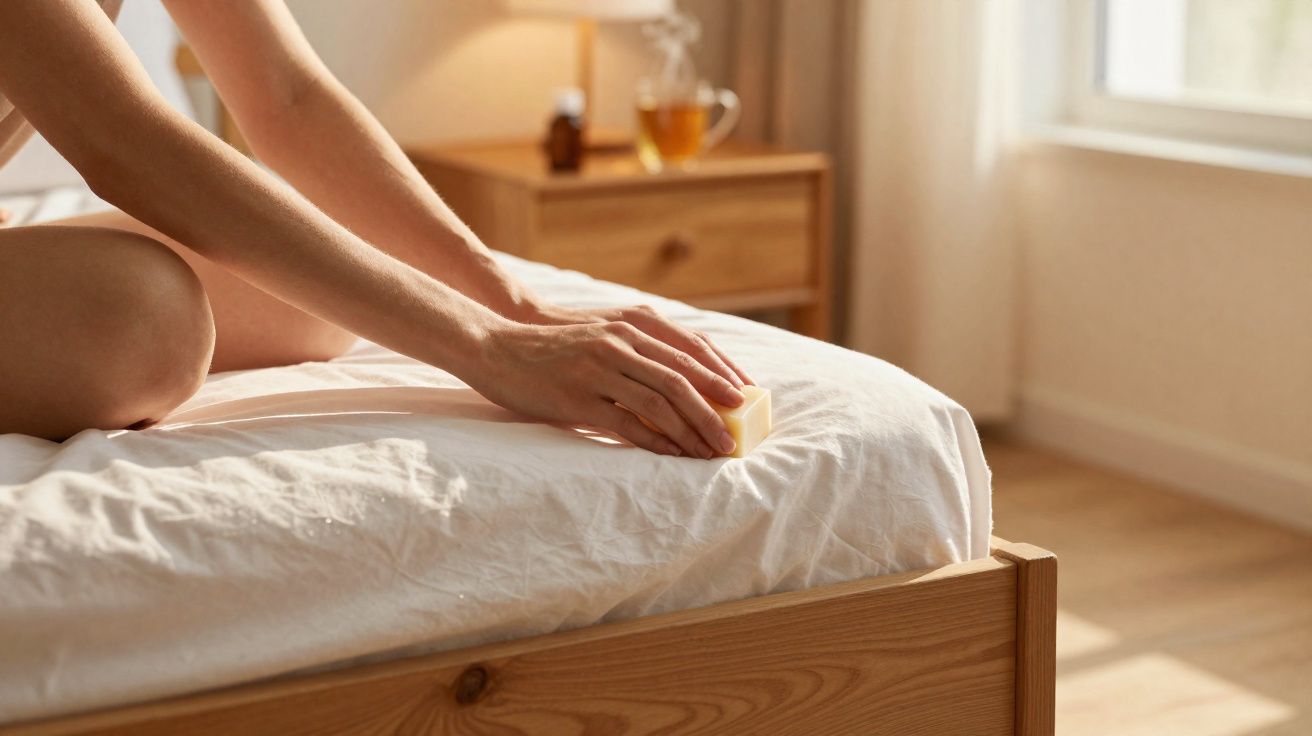 Pessoa usando sabonete vegetal para limpar colchão em quarto iluminado pelo sol.