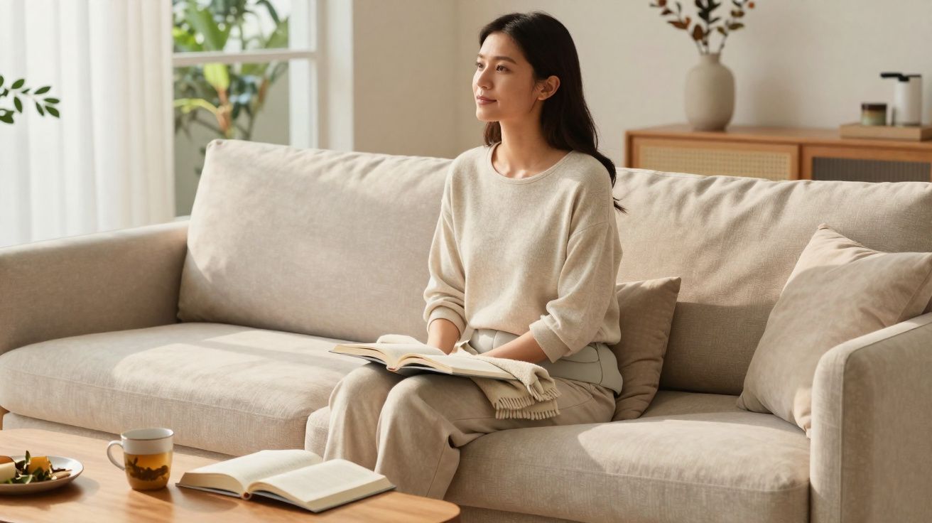 Mulher sentada em sofá cinza lendo livro, olhando para o lado em ambiente iluminado e aconchegante.