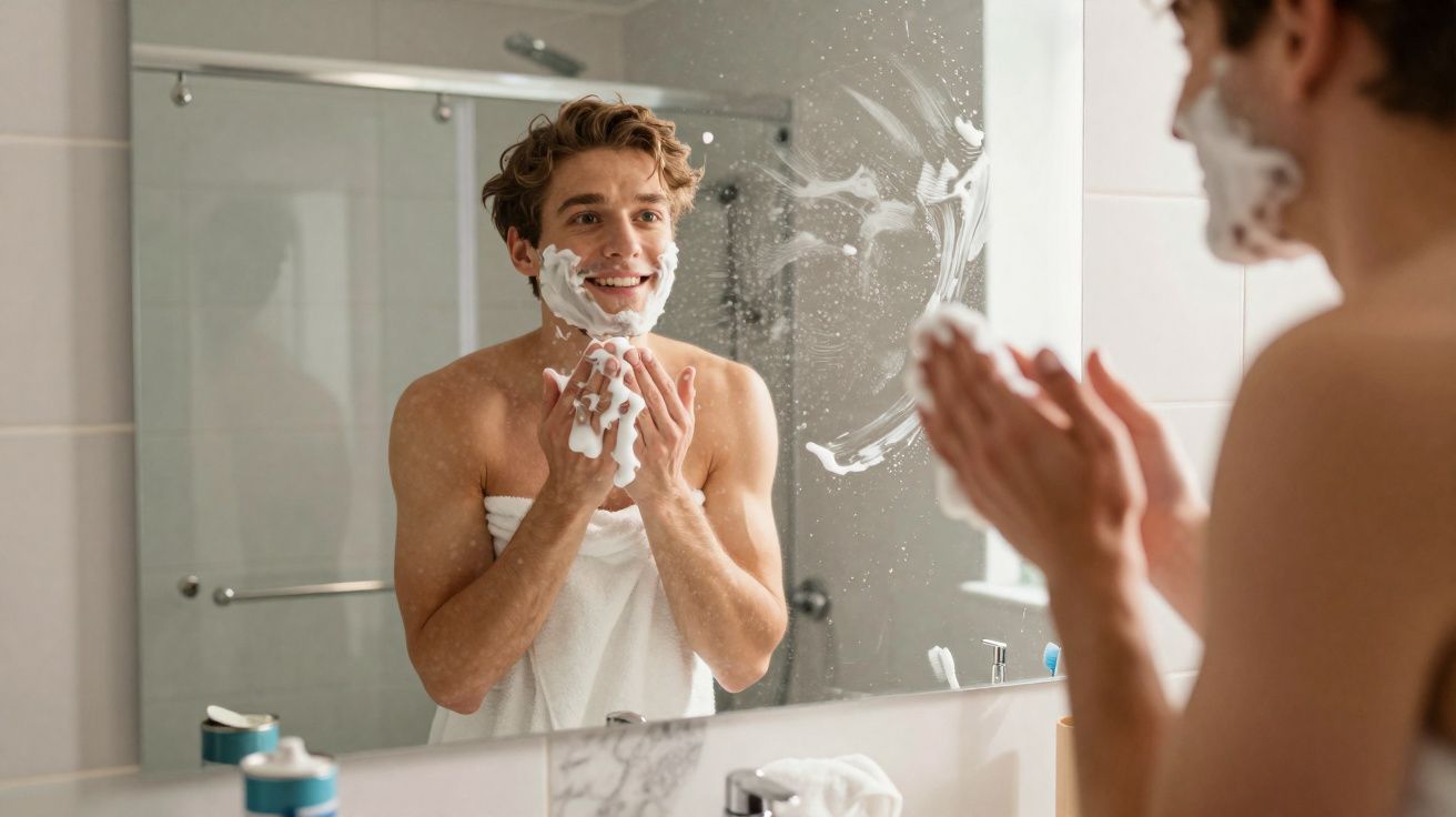 Jovem sorridente aplicando espuma de barbear no rosto em frente ao espelho no banheiro.