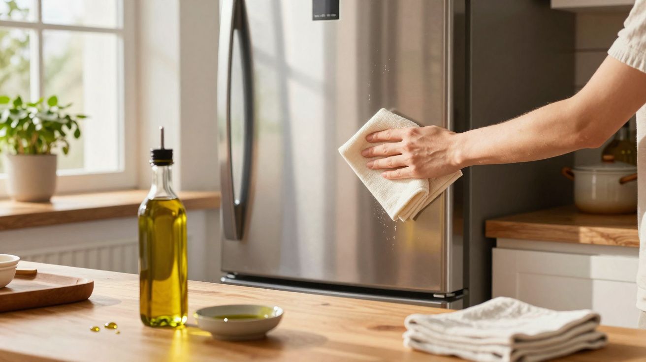 Pessoa limpando a porta da geladeira inox com pano em cozinha iluminada por luz natural.