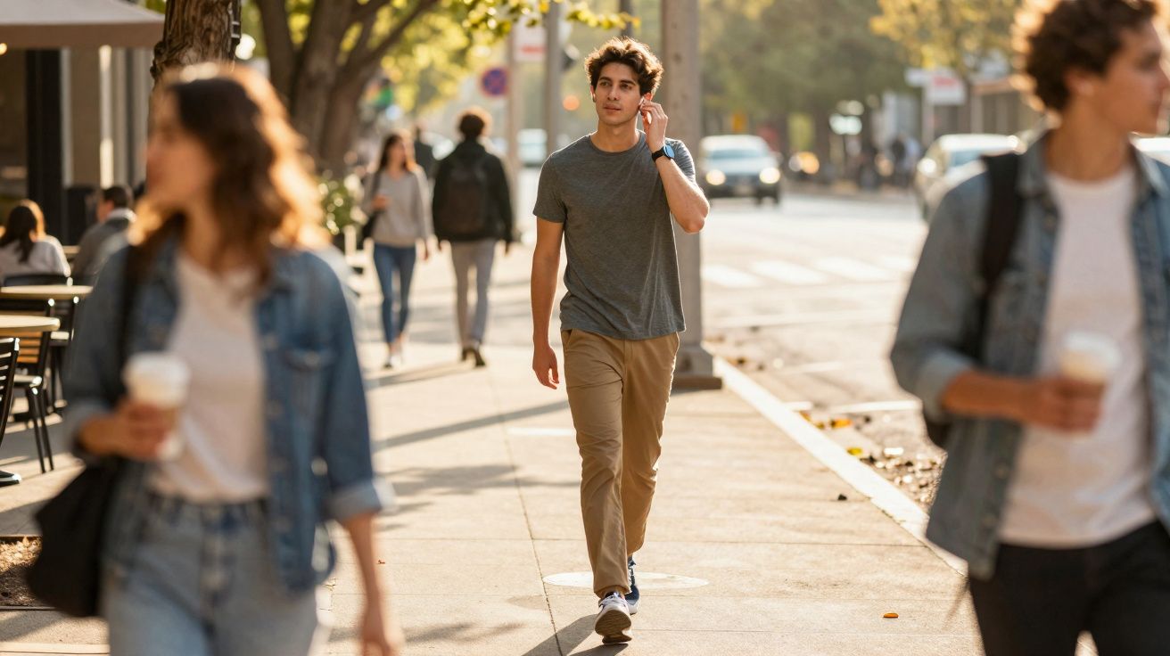 Jovem caminhando na calçada de uma rua movimentada ao entardecer, ouvindo música com fones.