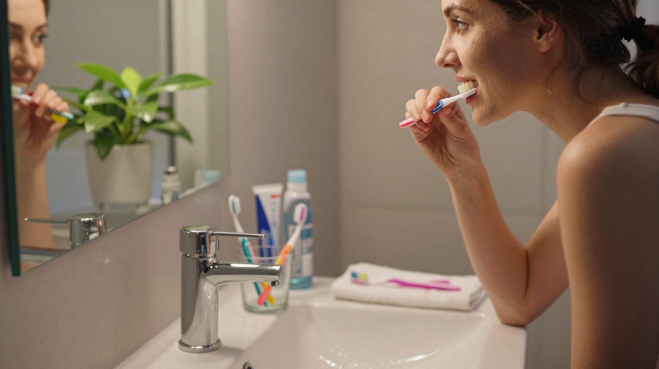 Mulher escovando os dentes em frente ao espelho no banheiro com itens de higiene pessoal na pia.