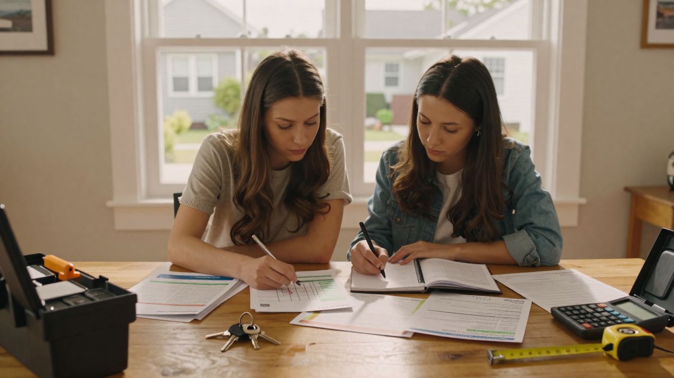Duas mulheres sentadas à mesa escrevendo e preenchendo documentos com calculadora e chave ao lado.