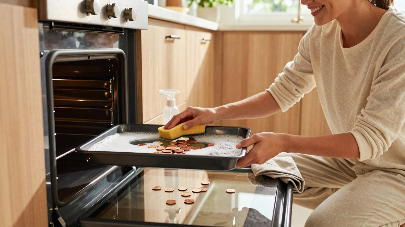 Pessoa lavando uma forma de forno com moeda de cobre sobre ela na cozinha iluminada.