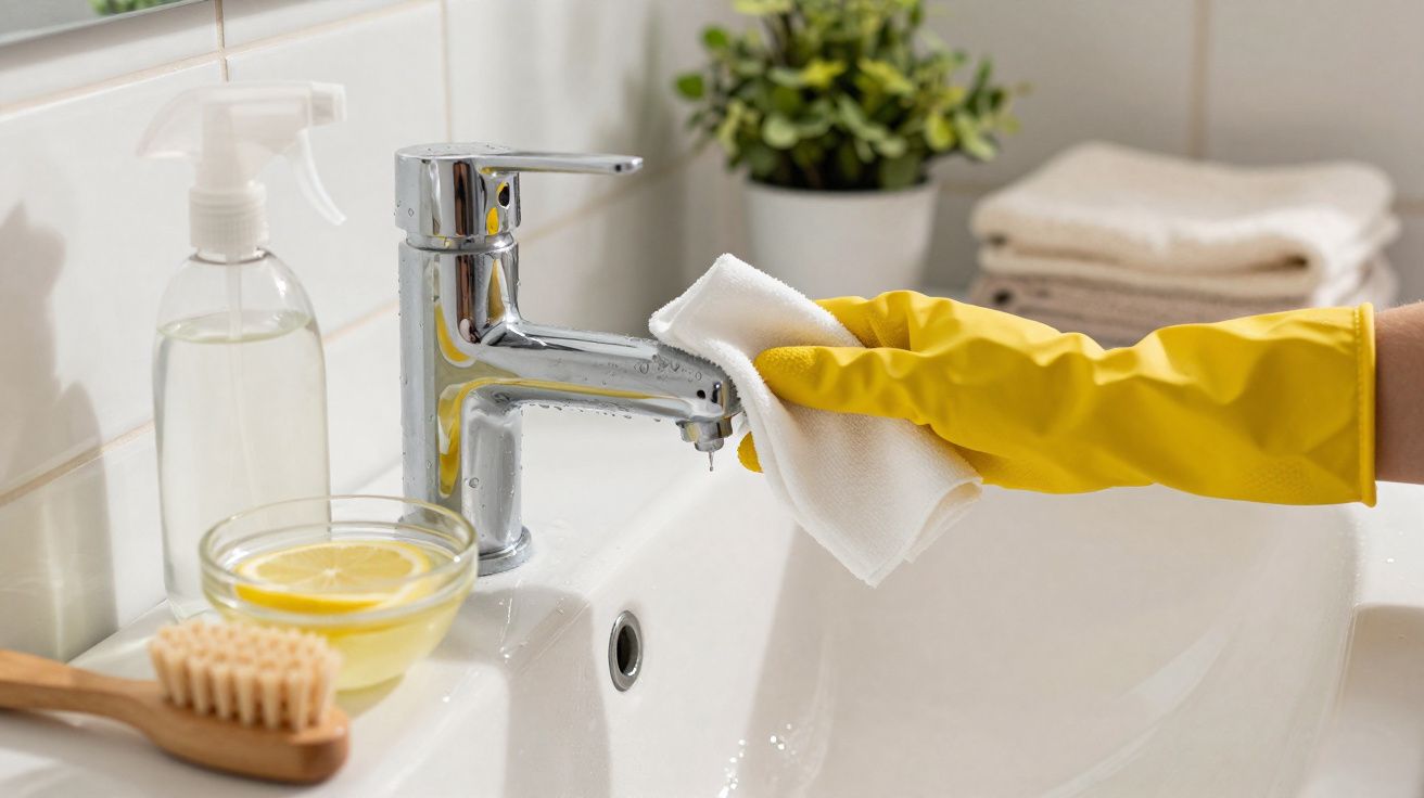 Pessoa com luva amarela limpando torneira cromada em pia branca de banheiro.