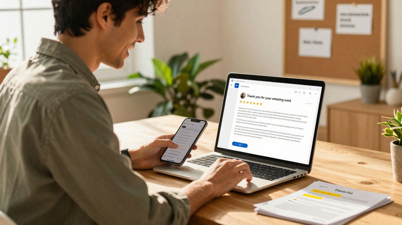 Homem sorridente usando laptop e celular, lendo mensagem de agradecimento em escritório iluminado.