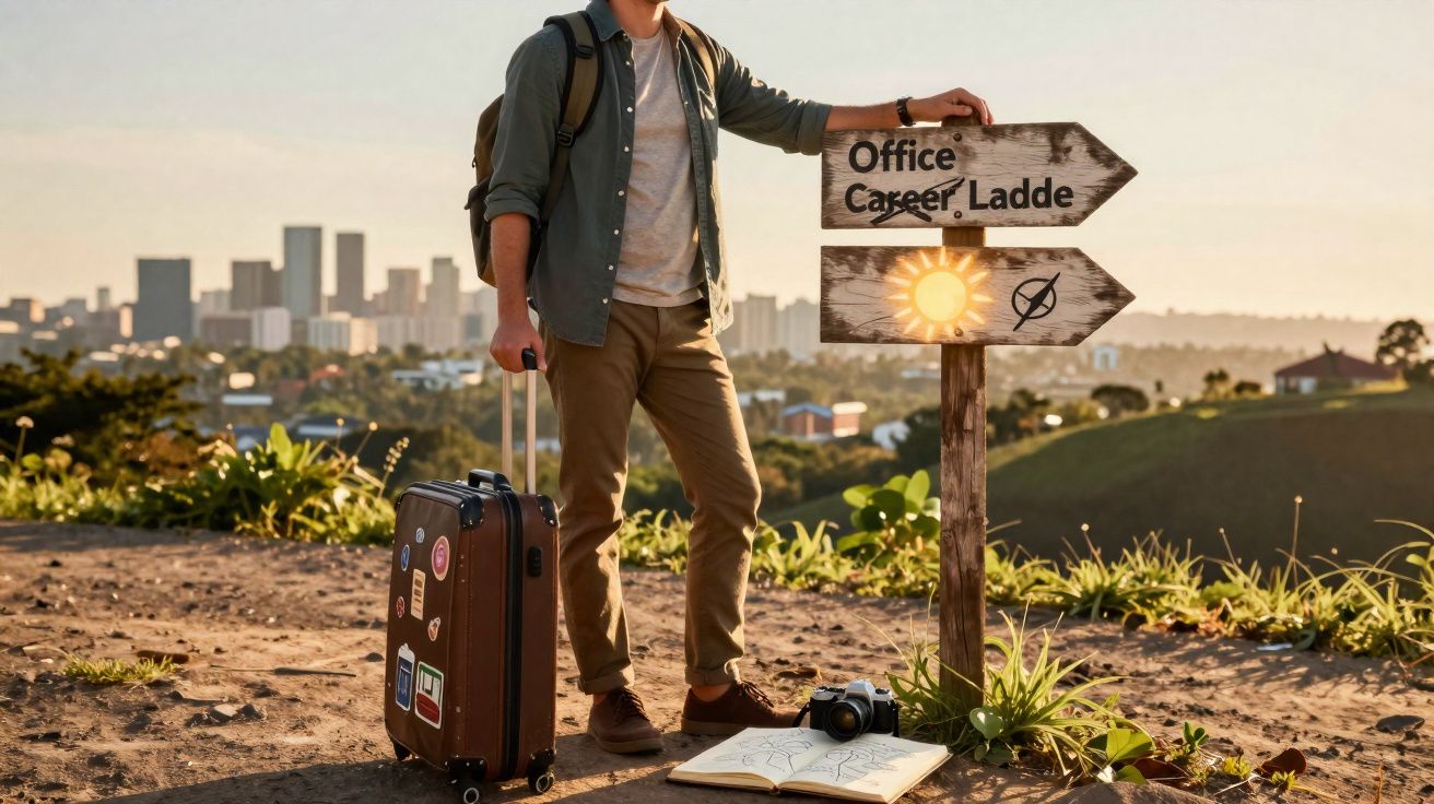 Homem com mochila e mala de viagem ao lado de placa rústica com direção para escritório e sol, com cidade ao fundo.