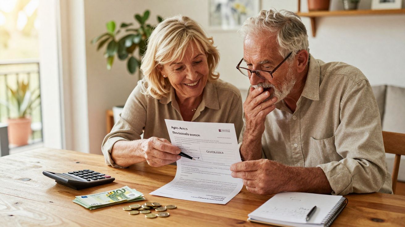 Casal sênior analisando documento financeiro em mesa com cédulas, moedas, calculadora e bloco de notas.
